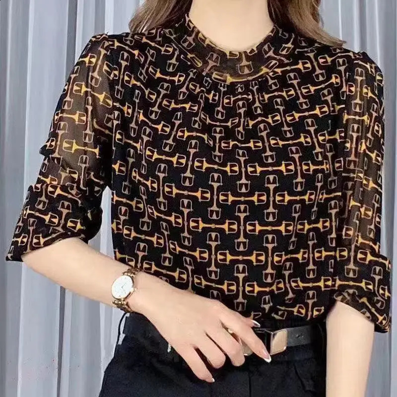 SpringAutumn Half High Collar Plain Fashion Printed Tshirt Patch Work Womens Clothing Long Sleeve Gauze Zipper 240812