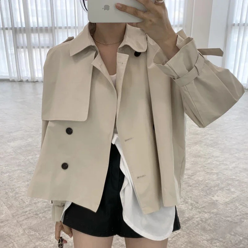 Korean Double Breasted Loose Short Long Sleeve Trench Coat Women Simple Retro Spring 2024 Jackets Fashion Streetwear Windbreaker 240813