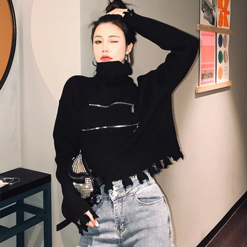Womens Black Gothic Pullover Knitted Sweater Long Sleeve Sweaters Jumper 90s Korean Y2k Emo 2000s Harajuku Vintage Clothes 240812