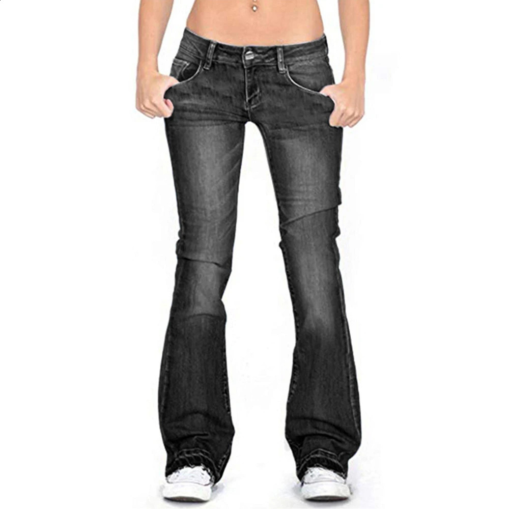 Washed Jeans Women Vintage High Street Denim Pants Solid Color Casual Pockets Slim Flared Pants Fashion Womens Wide Leg Pants 240813