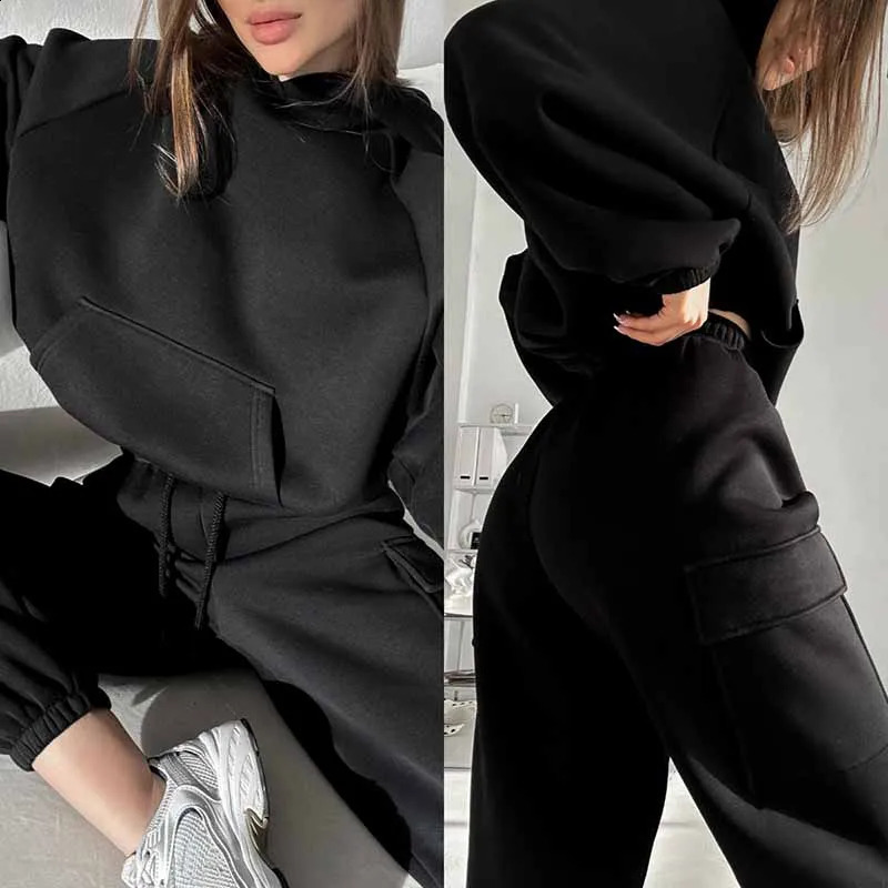 Autumn and Winter 2piece Womens Track Field Wear Wool Long Sleeve Warm Hoodie Jogging Pants Casual Set Solid Sports 240809