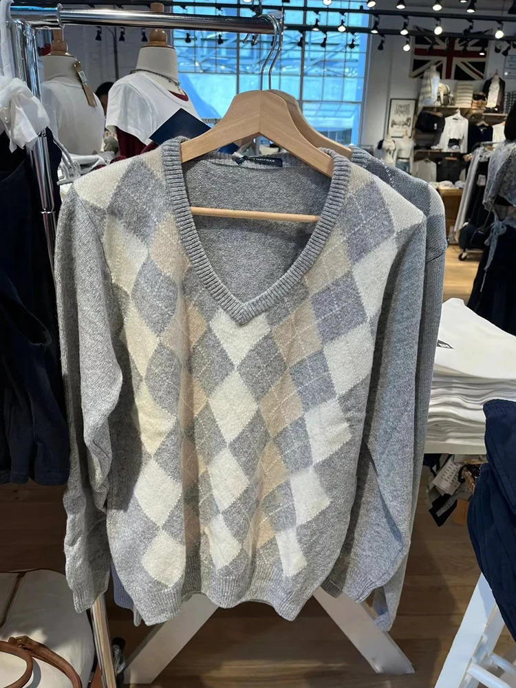 Argyle Vintage Loose Knitted Sweater Women Sweet Preppy Style V Neck Cotton Autumn Pullover Tops Harajuku Cute Y2k Sweaters Chic 240812