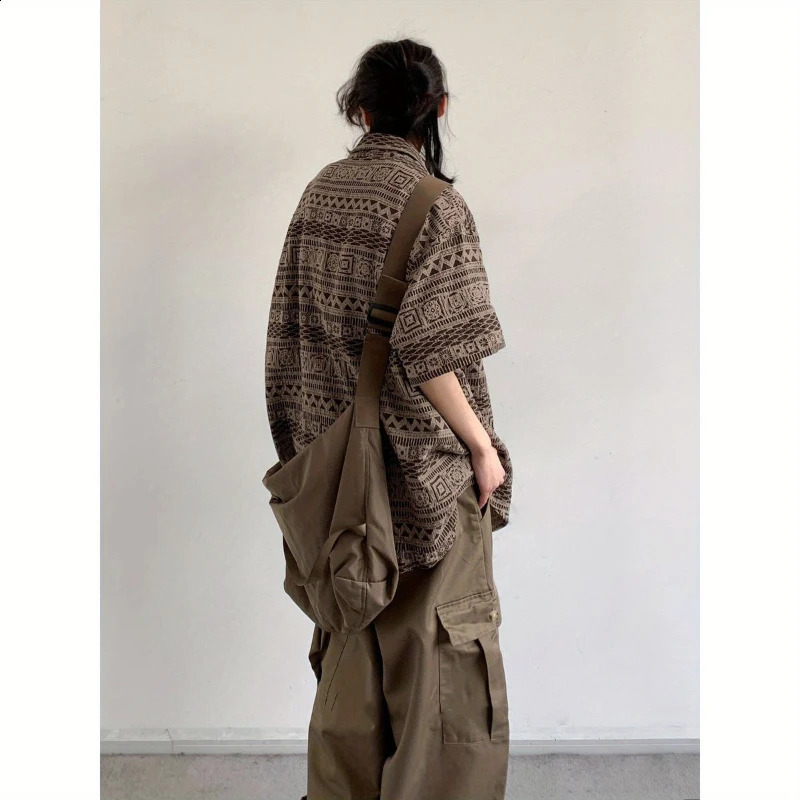 Summer Japanese Casual Set Mens Stripe Printing Loose Shirtbig Pocket Wide Leg Overalls Suit Street Harajuku Two-piece Set 240813