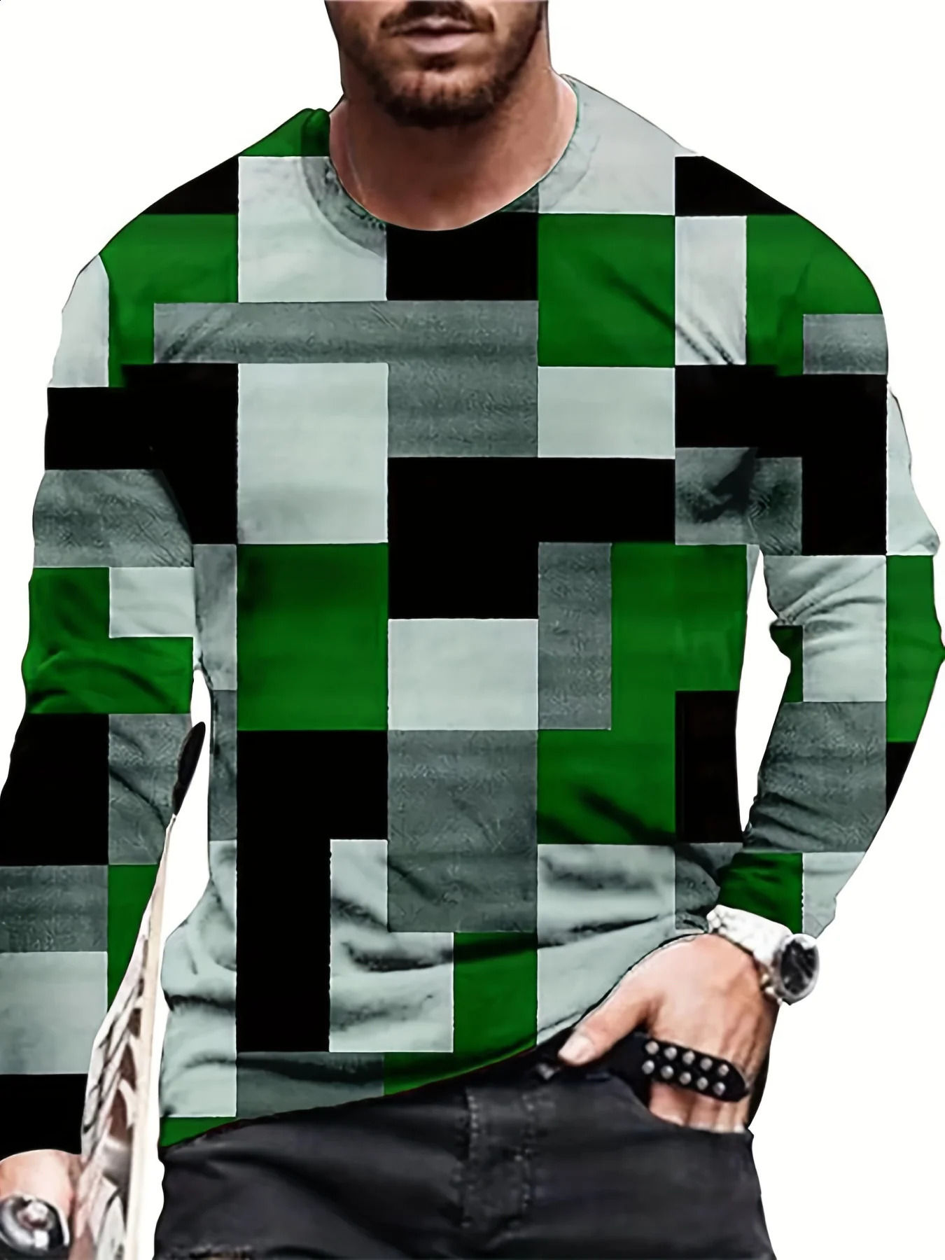 Vintage Mens Long Sleeve T-Shirt Patchwork Tees Tops Plaid T-Shirt For Men 3d Striped Printed Clothing Oversized Streetwear 240812
