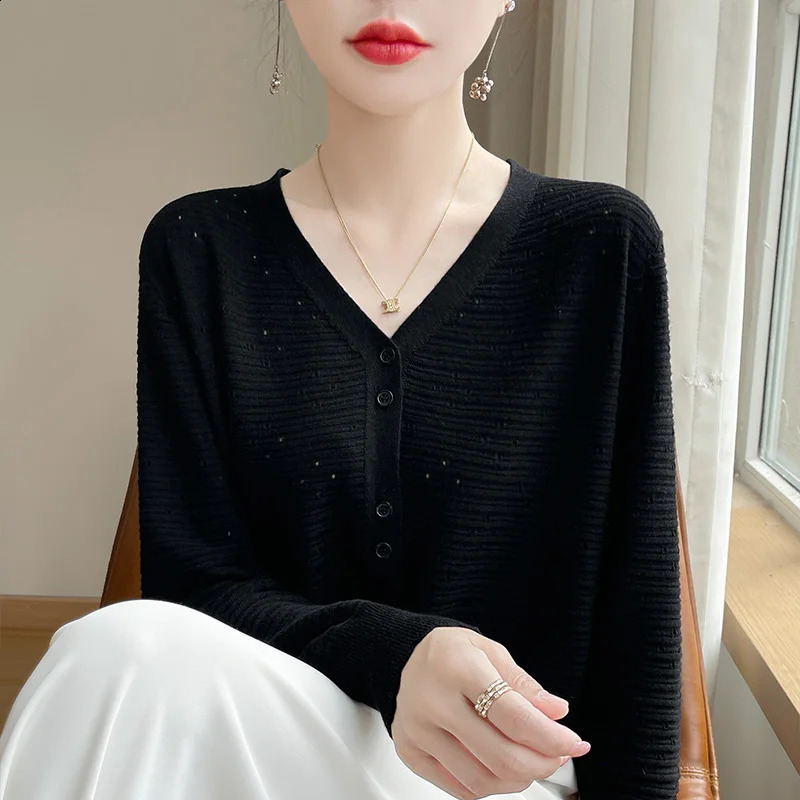autumn Vneck wool sweater hollow womens loose top casual knitted 240812