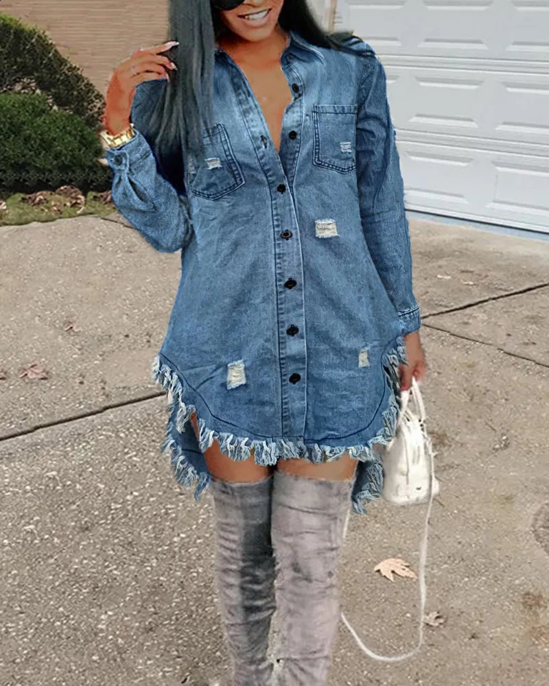 Ripped Raw Hem Asymmetrical Denim Tops Casual Shirts Women Fashion Pockets Single Breasted Button Dress 240812
