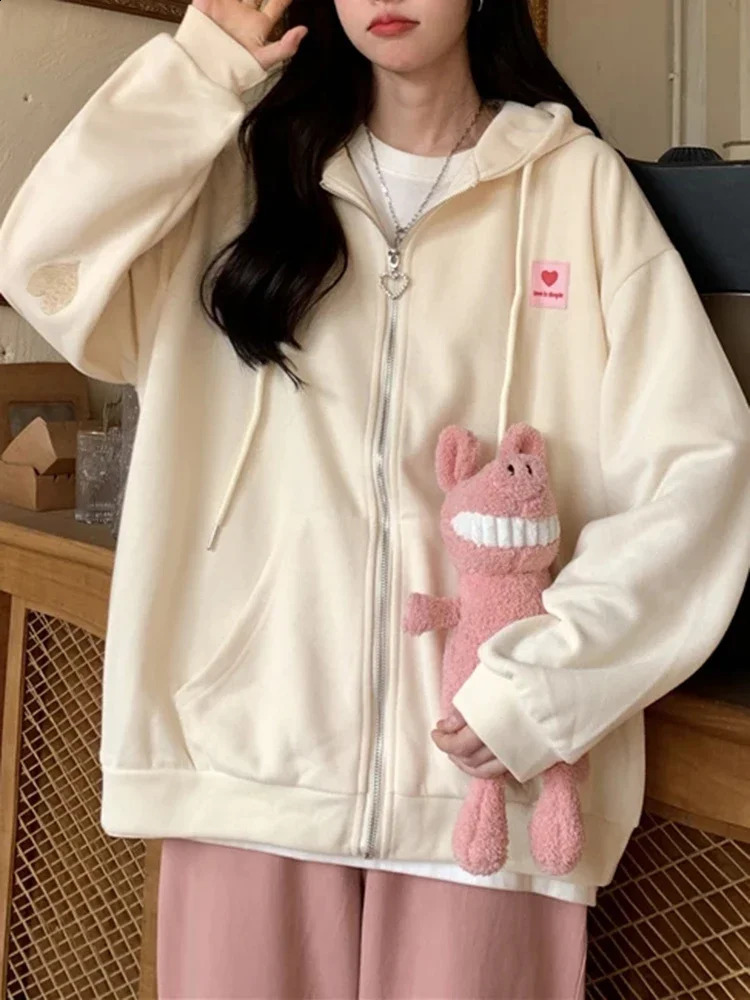Chic Embroidered Hooded Korean Sweatshirt Womens Cardigan Autumn Thin Coat with Zipper Apricot Streetwear Hoodies Size M-XL 240812