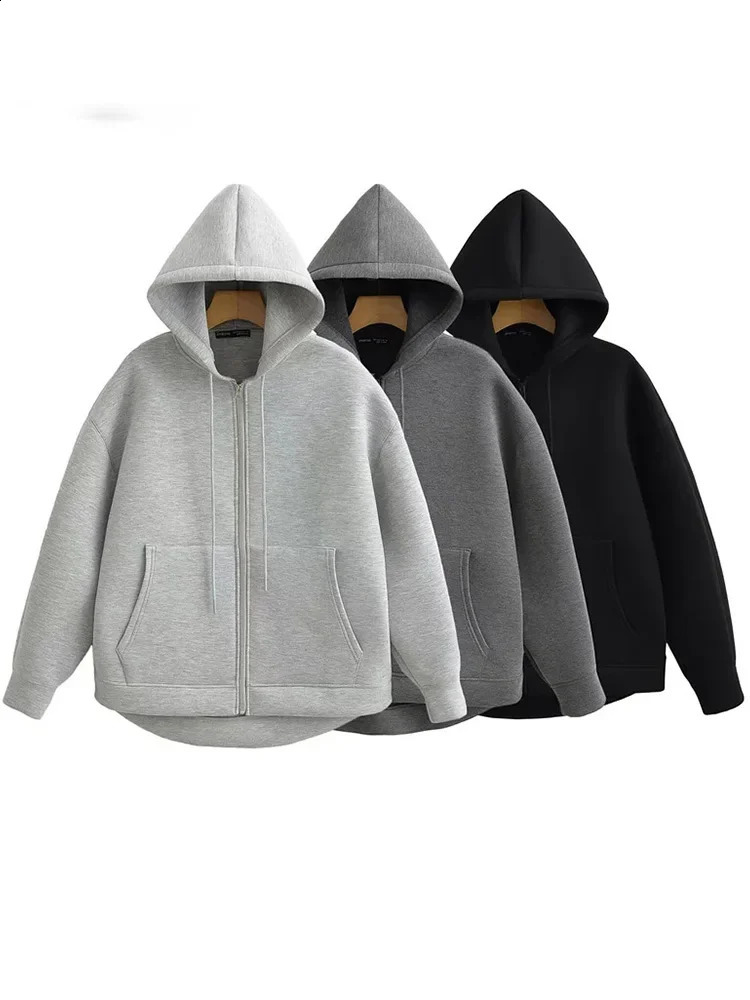 Women Autumn Winter Hoodies Fashion Casual Zipper Top Hoodie Street Style Vintage Solid Long Sleeve Loose Outerwear 240824