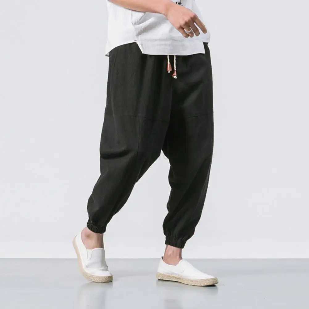 Cotton Men Harem Pants Harem Pants Men Solid Elastic Waist Streetwear Joggers Japanese Style Loose Ankle Length Pockets TrousersXJ240813