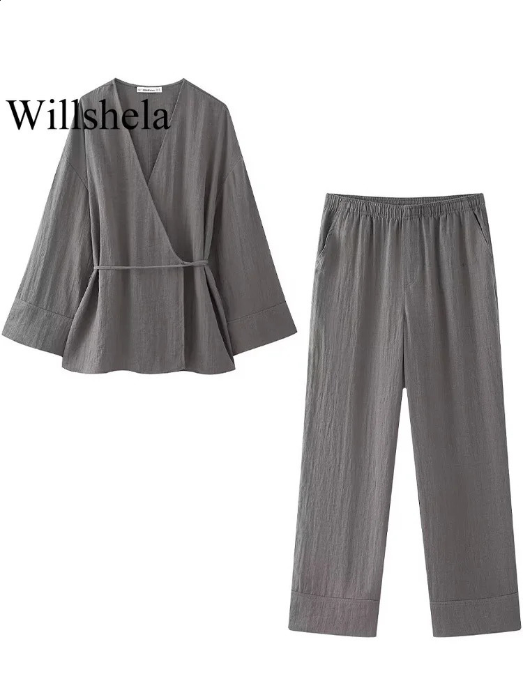 Willshela Women Fashion Two Piece Set Grey Lace Up Loose Coats Vintage High Elastic Waist Trousers Feamle Chic Lady Pants Sets 240813