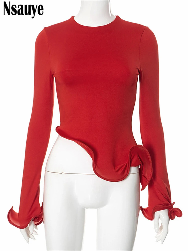 Nsauye womens long sleeved casual sexy streetwear Y2K club fashion Tshirt top ultrathin mini red irregular pleated crop Tees 240812