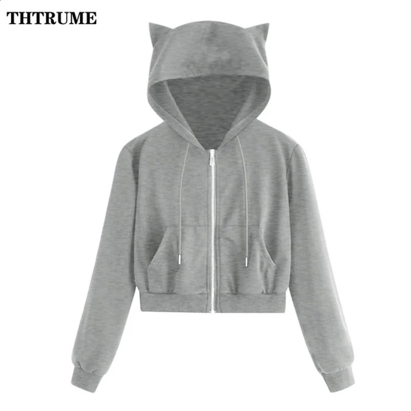Fashion Harajuku Zipper Cropped Hoodies Elegant Solid Tracksuit Drawstring Chic Hooded Casual Communte Women Cat Sweatshirts 240812