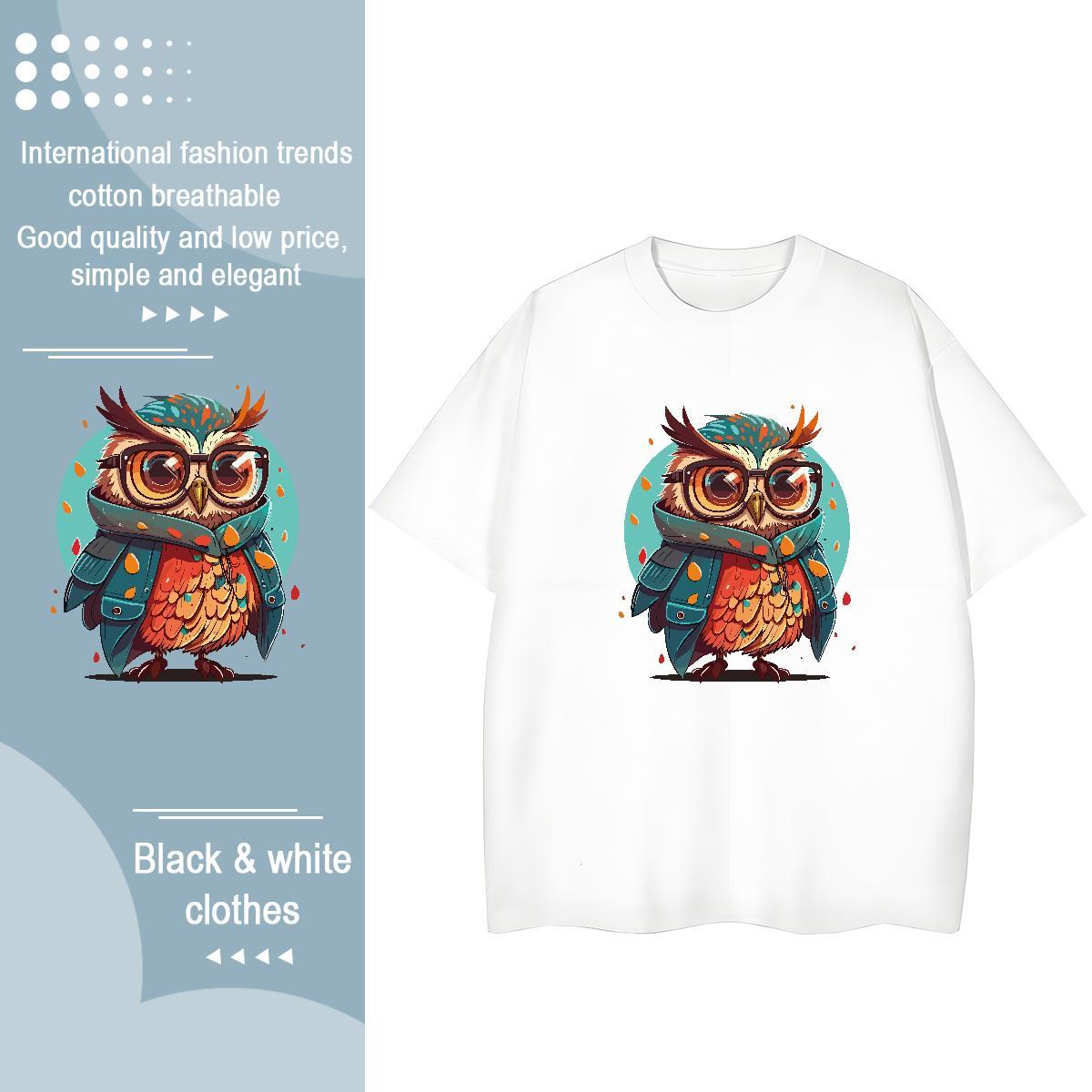 Free Shipping T Shirts Men Owl Breathable Short Sleeve Anime Printing Street Black White 230g 100% Cotton Men Tops Tees Factory Direct Wear