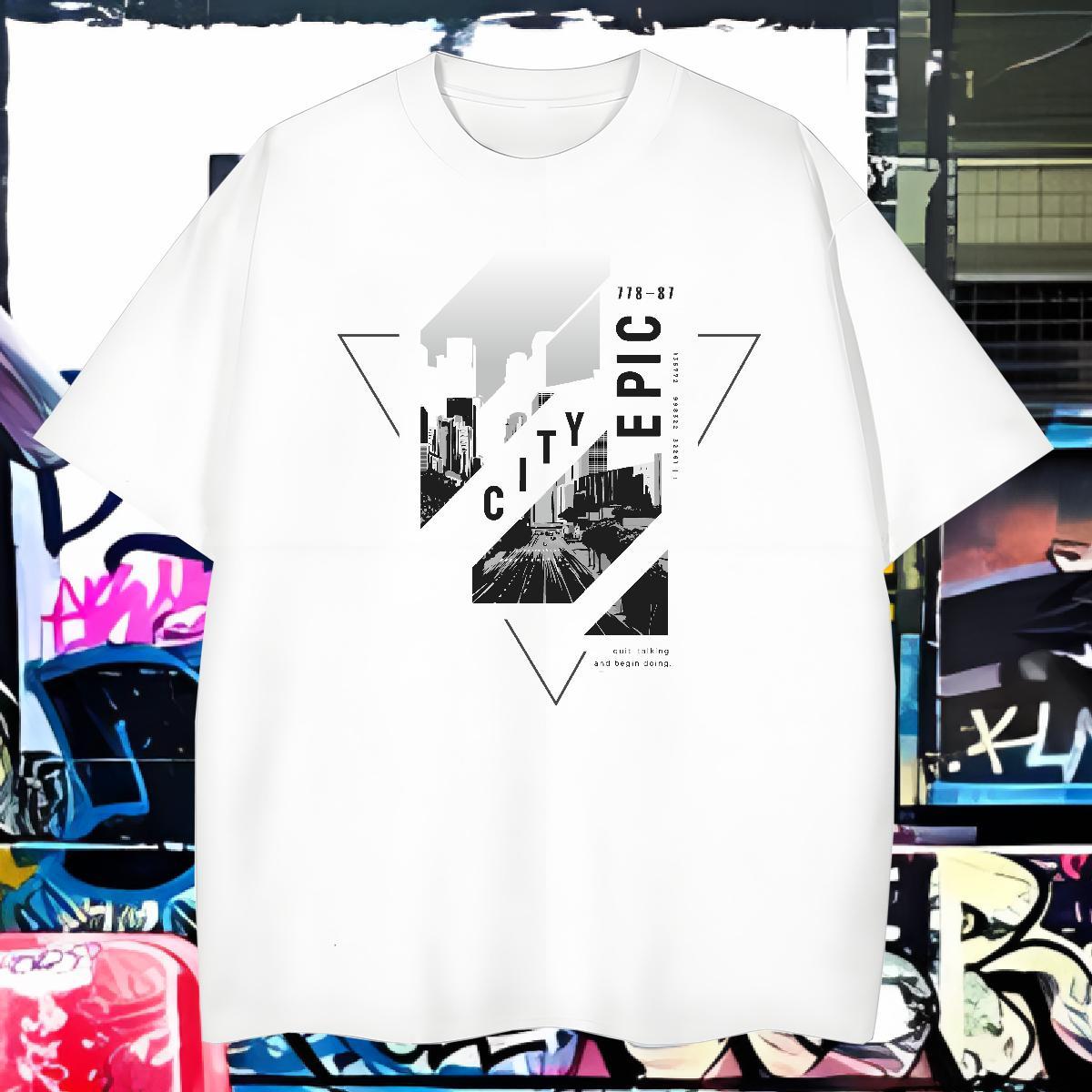 Wholesale T-Shirts Tall buildings, streets O-Neck Short Sleeve Hip Hop Black White 230g Pure Cotton Men Tees Fashion Design Clothings