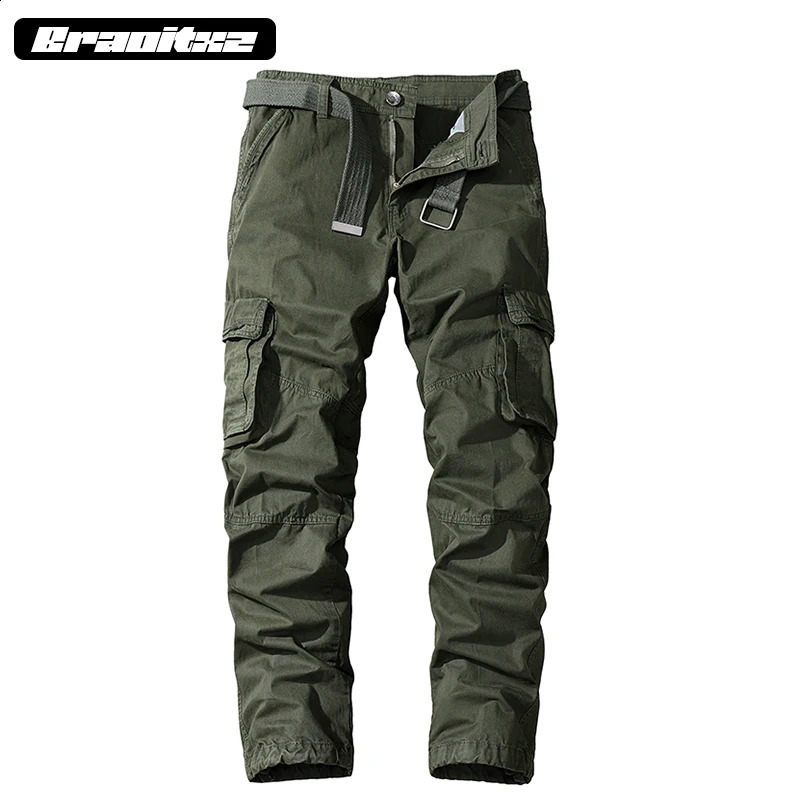 Mens 100% pure cotton fashionable casual sports mountain climbing breathable cargo pants mens straight leg multi pocket 240812
