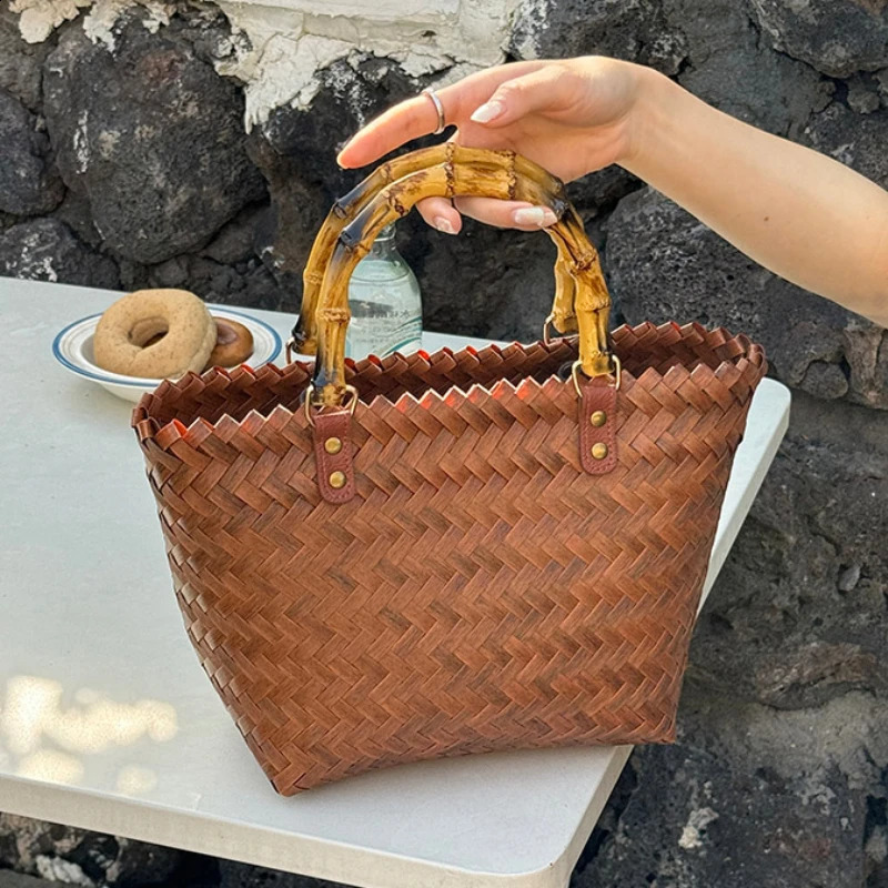 Summer Fashion Womens Straw Shoulder Bag Retro Rattan Female Bamboo Handle Basket Bags Hand Woven Beach Handbags Seaside Tote 240813