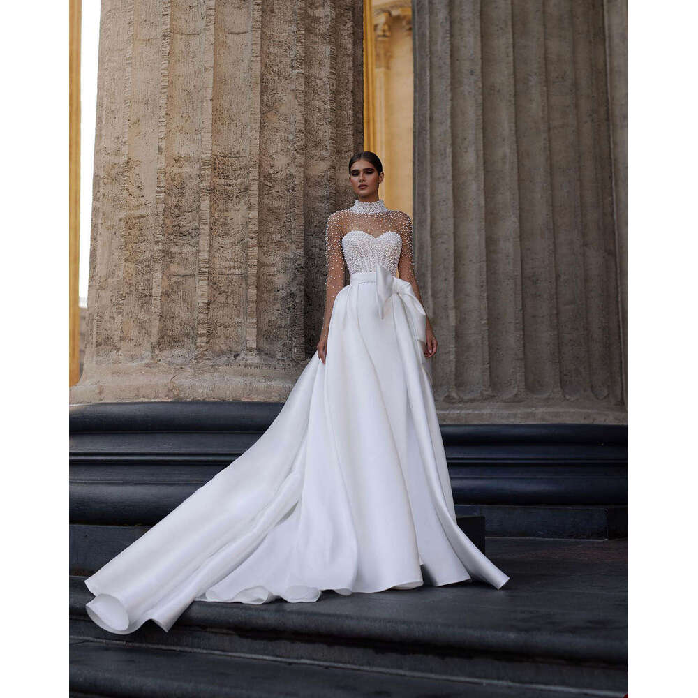 Popular A-e Gown Wedding Dresses Pearls Bow Sashes Satin Bridal Gowns High-Neck Big Vestidos De Novia Custom Size Colour