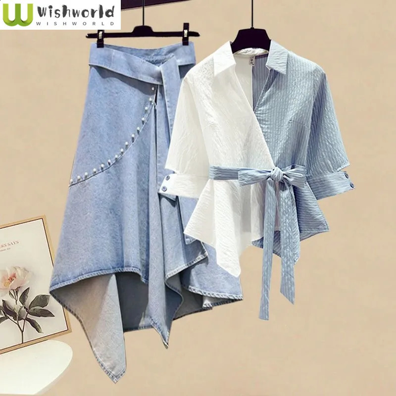 Summer Blue Patchwork Chiffon Shirt Tops Irregular Lace Up Denim Short Skirt Two-piece Elegant Womens Skirt Set Casual Outfits 240812
