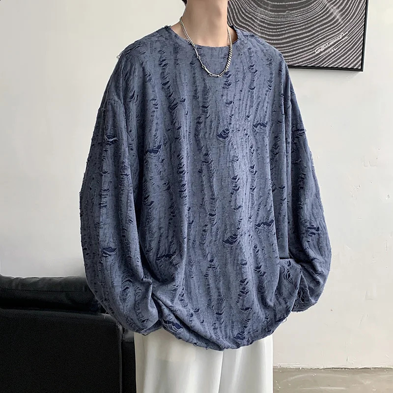 Korean Fashion Men O Neck Long Sleeve T Shirt High Street Black White Gray Hem Ripped Hole Fall Inside Tops Hip Hop Punk Clothes 240812