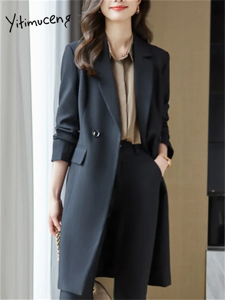 Yitimuceng Solid Two Piece Womens Set Redemption Single Chest Long Coat Office Casual Pants 240812