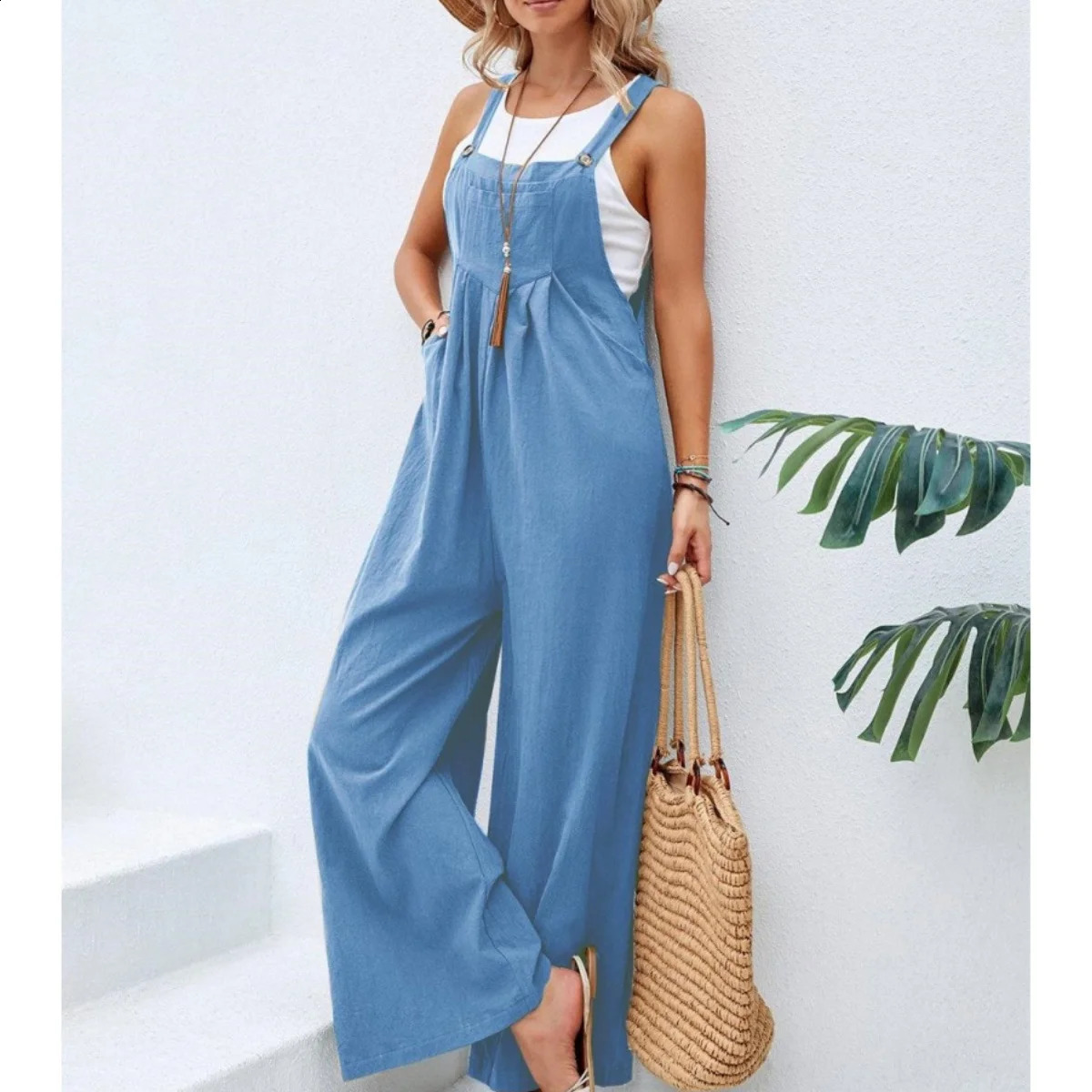 Summer Trendy Pants Women Cotton Casual Jumpsuit Solid Multi-Color Wide Leg Straight Pants Office Ladys All-Match Trousers 240813