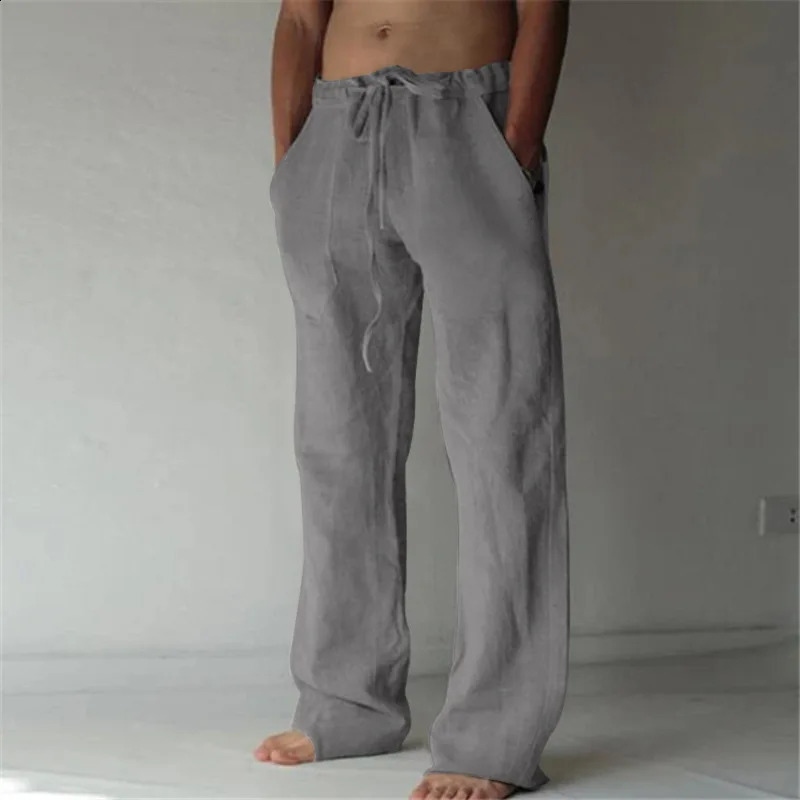 Mens casual pants solid summer fulllength soft linen for daily wear mid waist pocket drawstring Trouser Streetwear bottom 240812