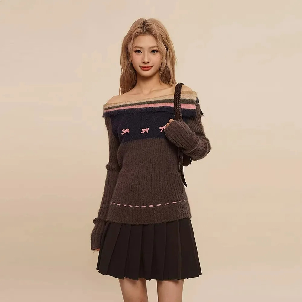 Autumn Winter Preppy Style Sweet Bow Sweater Women Slim Striped Knitted Pullover Loose Korean Fashion Brown High Street Jumper 240812