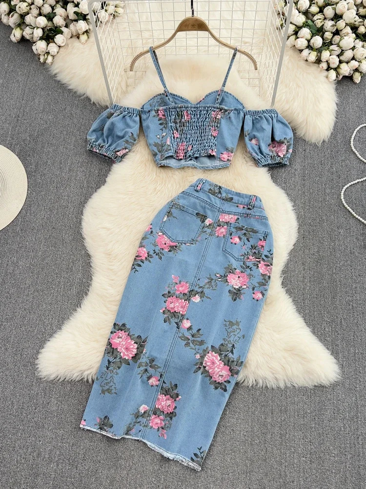 Women 2 Piece Set Denim Fashion Female Chic Sexy Sling Top High Waist Irregular Split Skirt Summer Lady Suit A51 240812