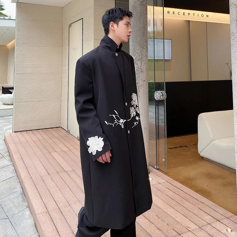 IEFB Men Overcoat Autumn Winter Chinese Embroidery Long Coat Trend Knee High Trench Casual Male Printing Windbreaker 9C1927 240812