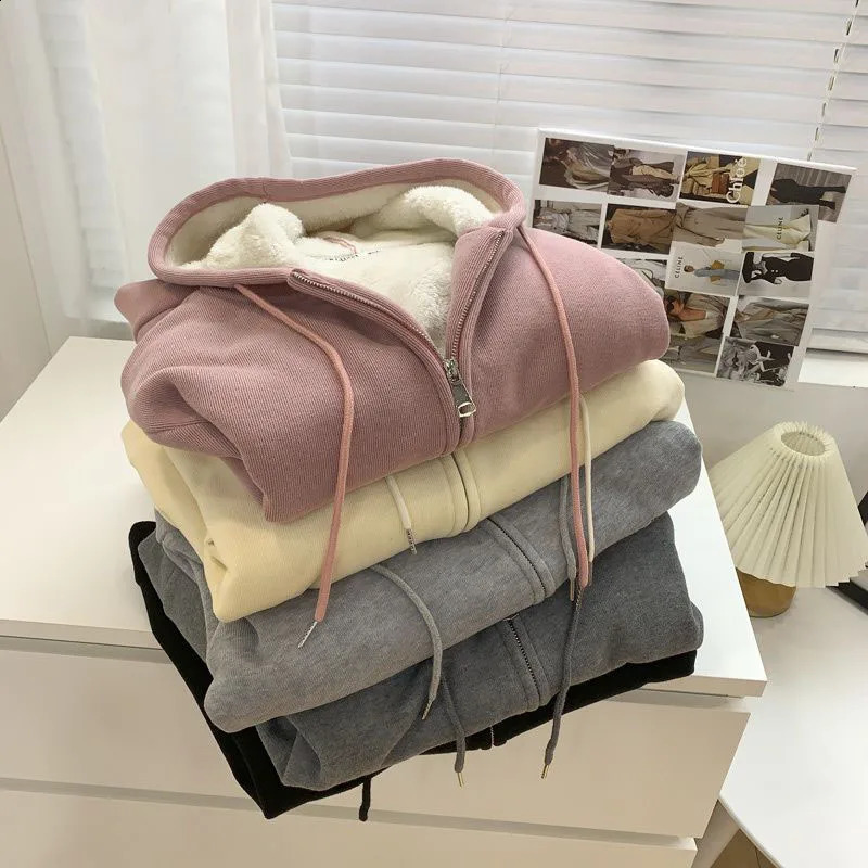 Xpqbb Casual Plus Velvet Hooded Zip-Up Coat Women Long Sleeve Thicken Warm Sweatshirt Women Autumn Winter Fleeced Clothing 240812
