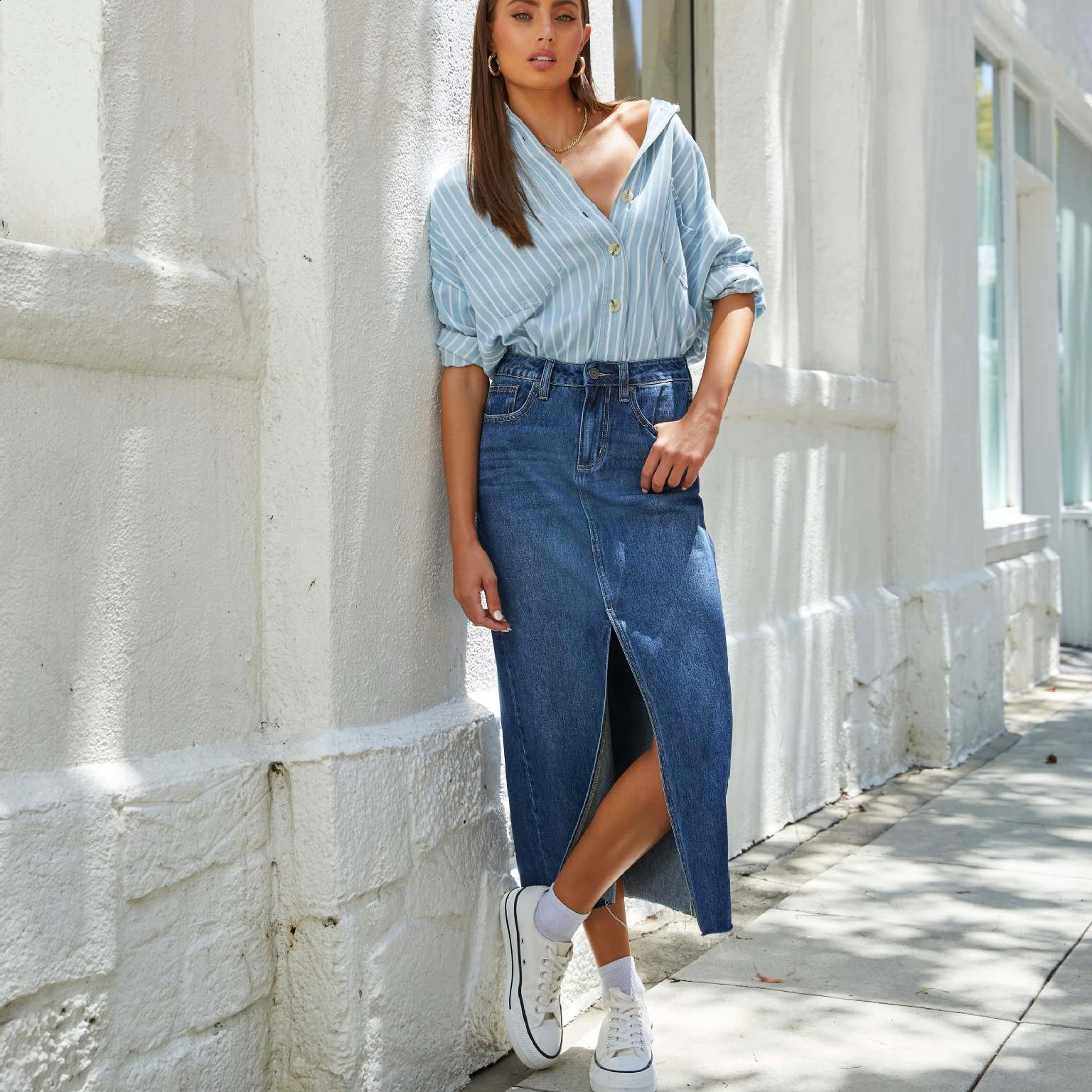 Solid Color Casual Loose Denim Long Skirts For Women 2024 Summer Vintage Womens Midi Jeans Skirt Elegant Fashion Female Skirts 240812
