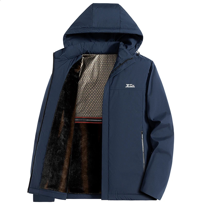 Winter mens plush thick solid color hooded long sleeved jacket fashionable and casual loose casua 240812