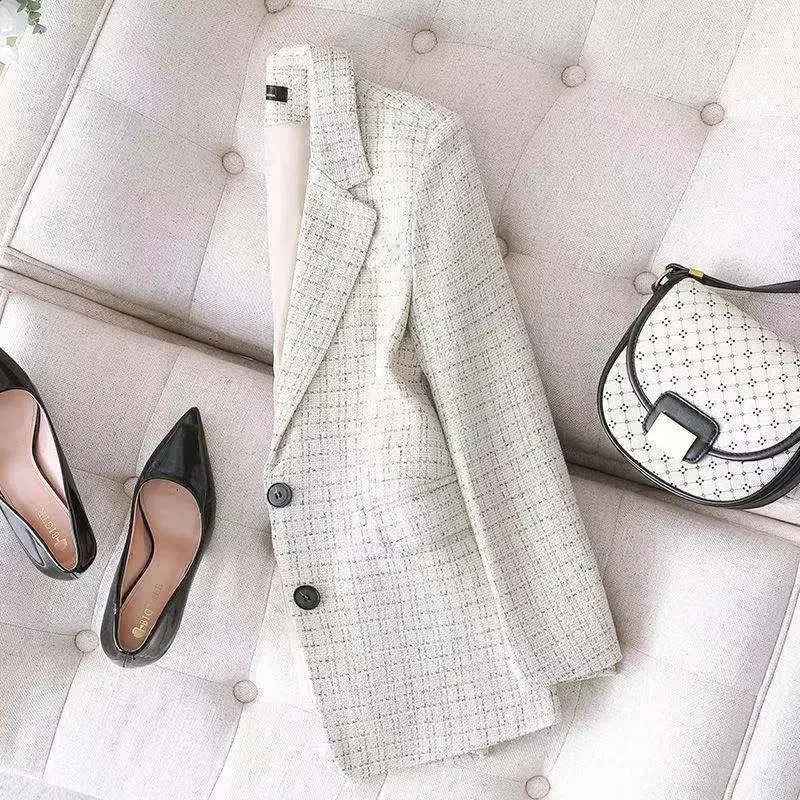 Spring Women Jacket Tweed Woolen Coats Female Casual Thick Blazers Outerwear Long Sleeve Suits Female Tops Lady Office Blazer 240812