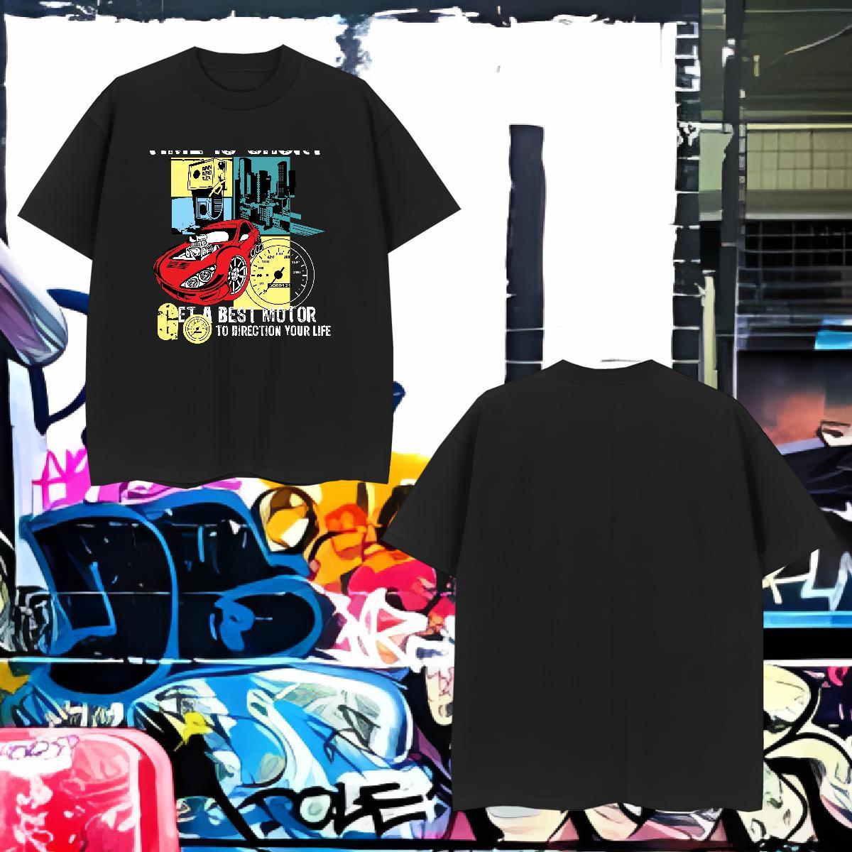 Cool car Men T Shirts Casual Daily Wear Men Clothes T-Shirt 230g Pure Cotton Brand Crew Neck Floral Print Tshirts