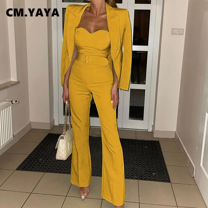 CM YAYA Elegant Womens Long Sleeve Jacket Wide Leg Sparkling Belt jumpsuit Office Track and Field Wear Two Piece Set INS 240812