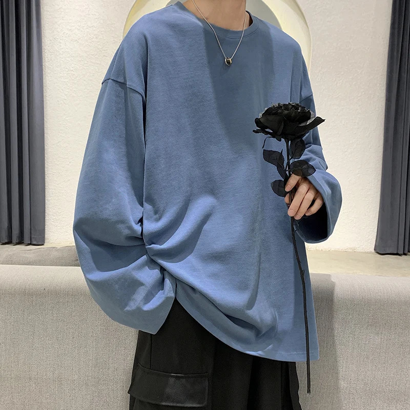 High Qualtity Oversized T-shirt for Men Long Sleeve Tee Cotton Solid Color Trend Leisure Black Grey White Korean Fashion T Shirt 240812