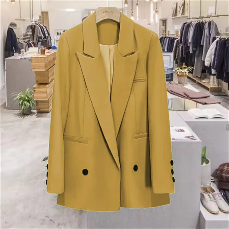 Women Fashion Double Breasted Loose Fitting Blazer Oversized Coat Vintage Long Sleeve Pockets Female Outerwear Chic Veste Femme 240813