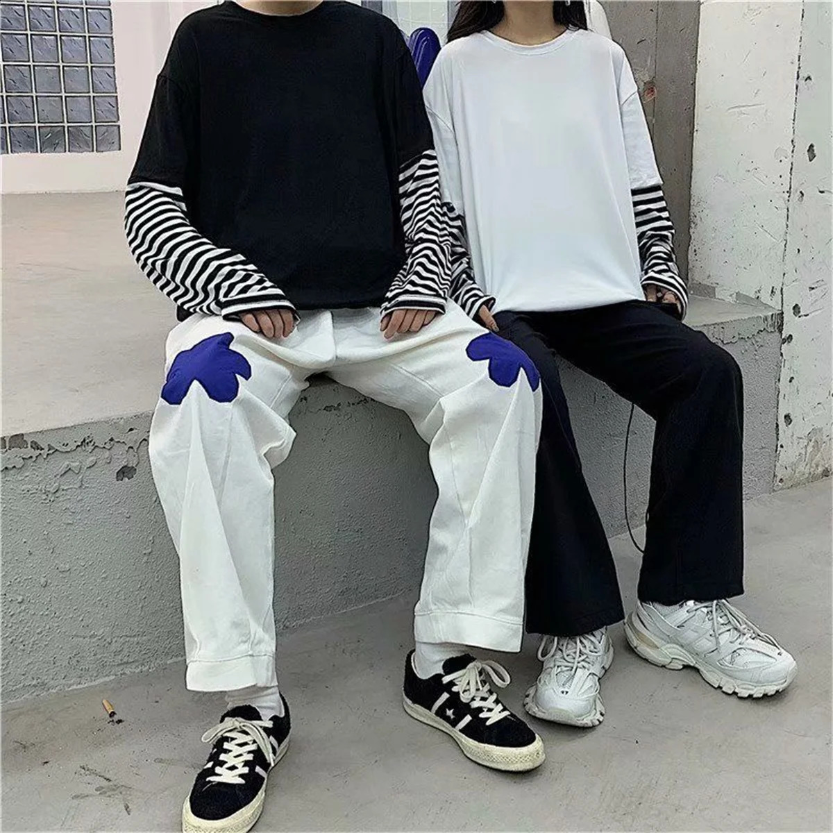Couple Striped Patchwork T-Shirt Men Women Autumn Tops Boys Solid Long Sleeve T Shirt Fashion Japanese Gothic Japan T Shirt 240812