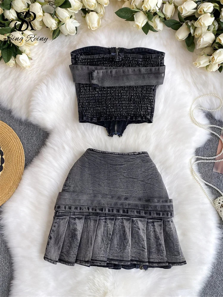 SINGREINY sweet Ins Streetwear Deinm Sets Women Strapless Sleeveless Zipper Bodycon TopHigh Waist Pleated Short Skirt Suits 240812