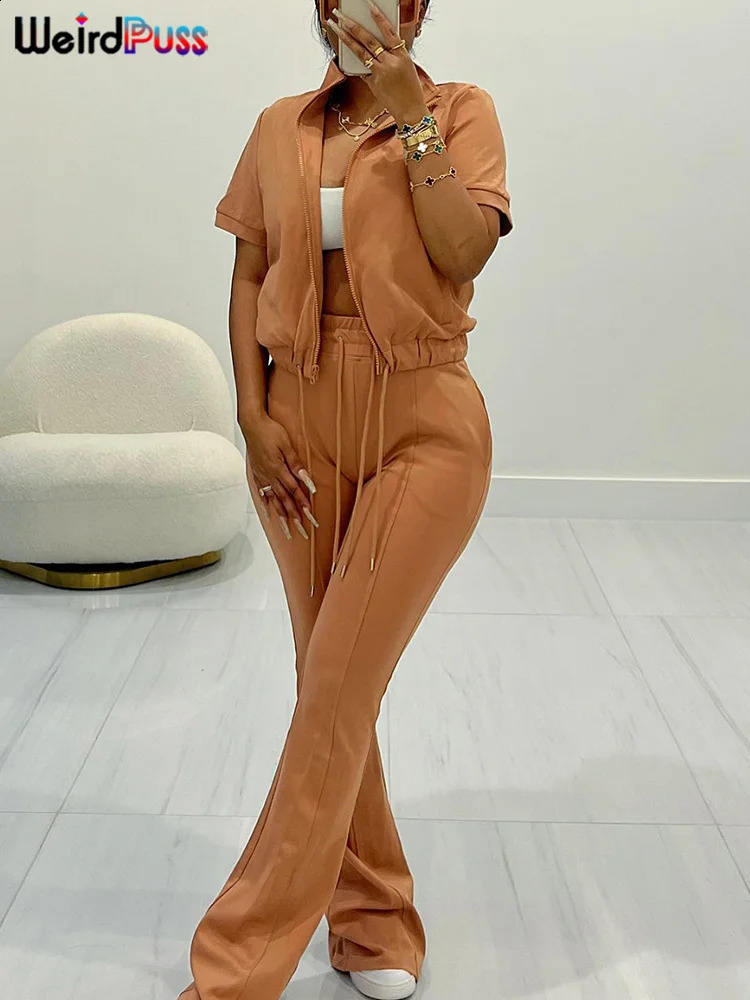 Weird Puss Women Tracksuit Two Piece Set Casual Zip Solid Short Sleeve Waistband TopsFlare Pants Matching Streetwear Outfits 240813