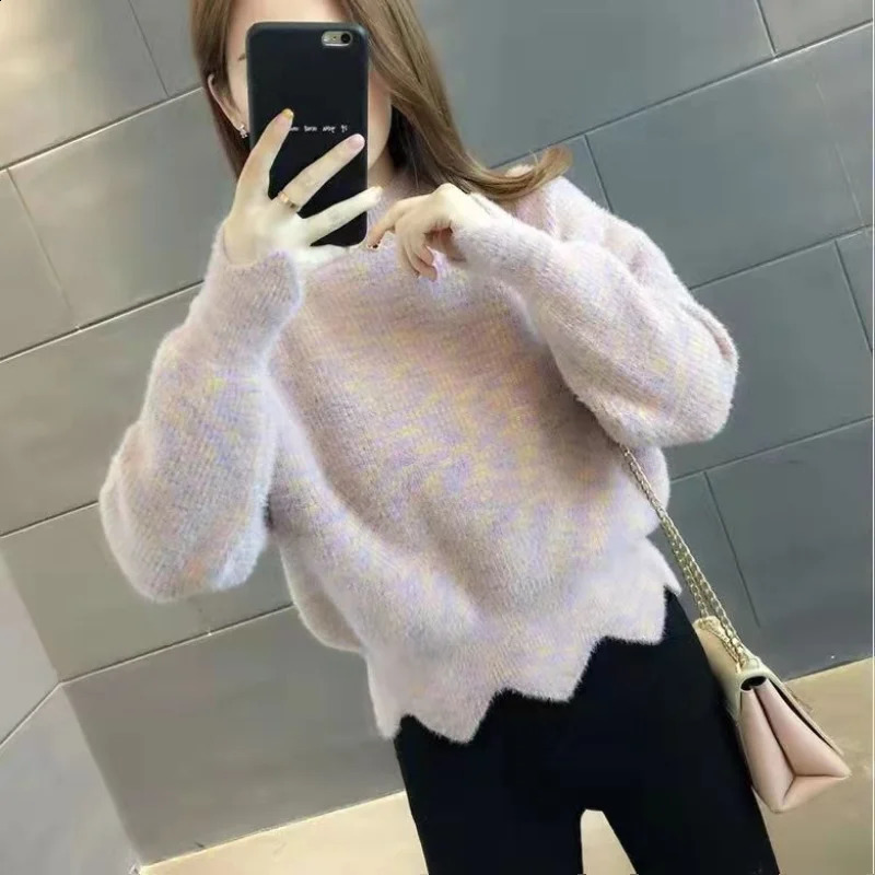 Women Winter Korean Half High Neck Pullover Mink Plush Sweater Trendy Jacquard Knit Bottom Shirt Warm Loose Long Sleeve Tops 240812