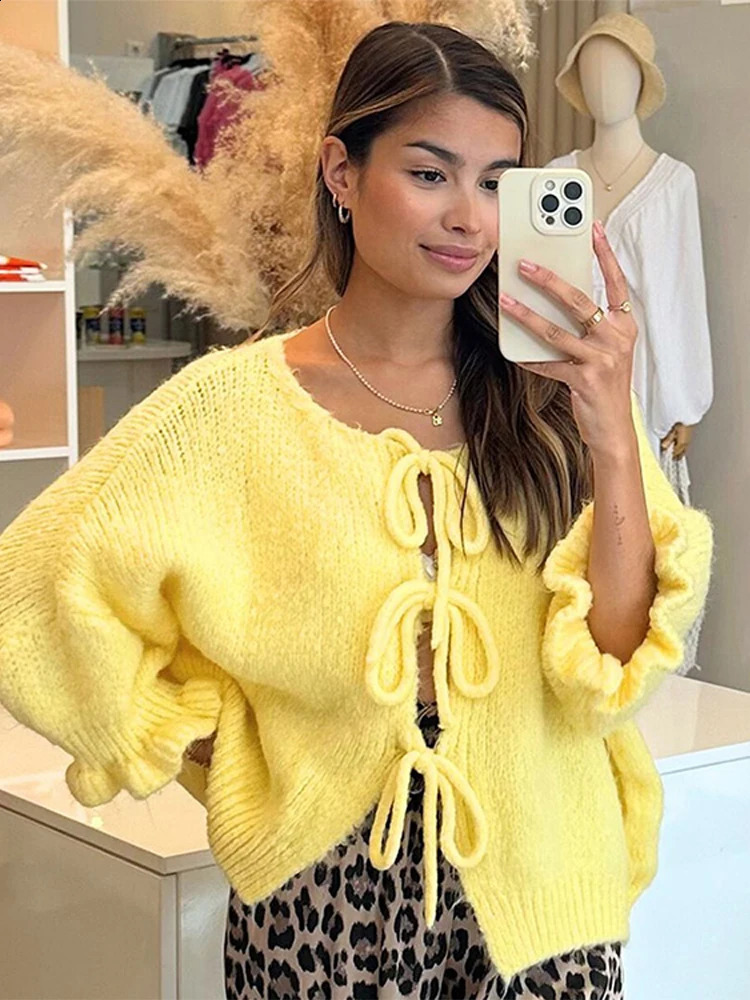 Lace bow womens sweater fashion lapel Oneck loose knitted cardigan autumn street casual 240812