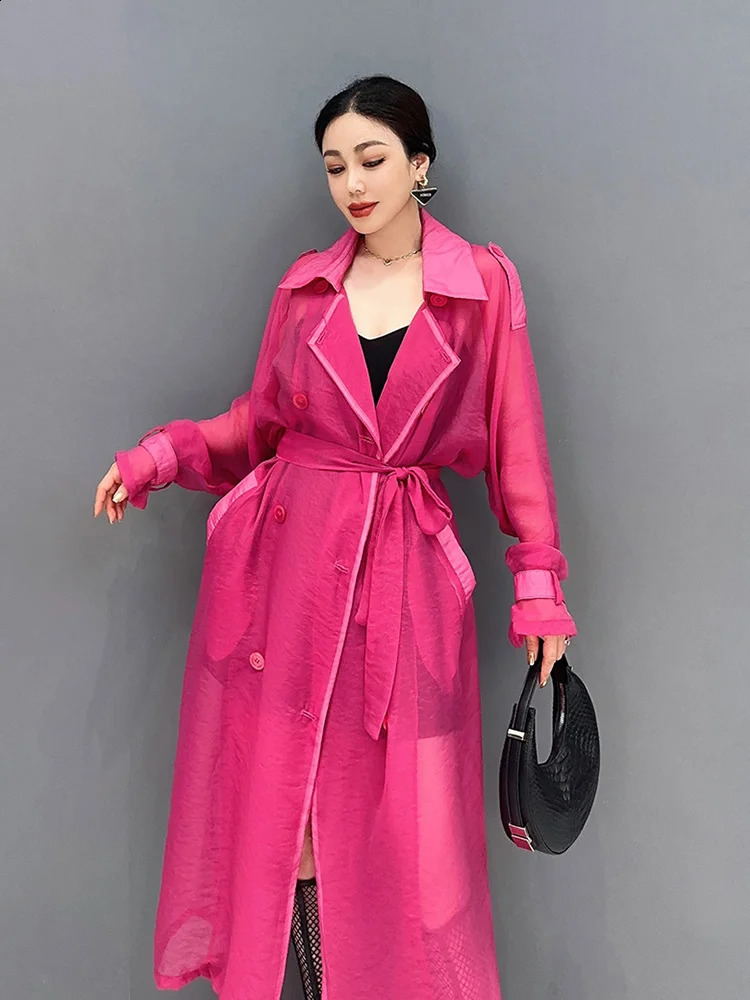 SHENGPALAE Fashion Womens Windbreaker Notched Collar Long Sleeve Button Solid Color Translucency Trench Summer 2024 5R4385 240813