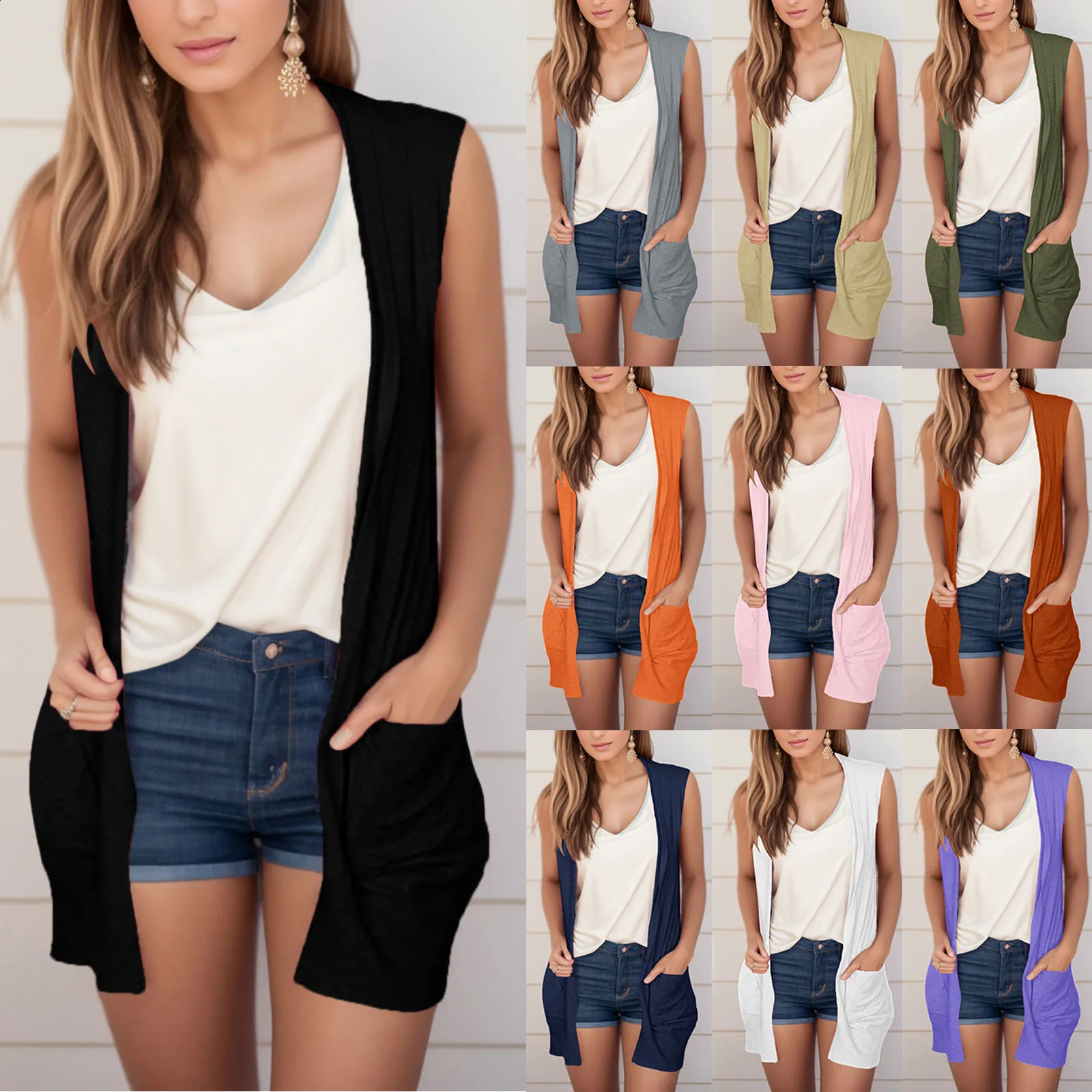 Fashion Ladies Sleeveless Lightweight Draped Open Front Cardigan Vest Women Tops Solid Casual Cardigans Outwear With Pockets 240813