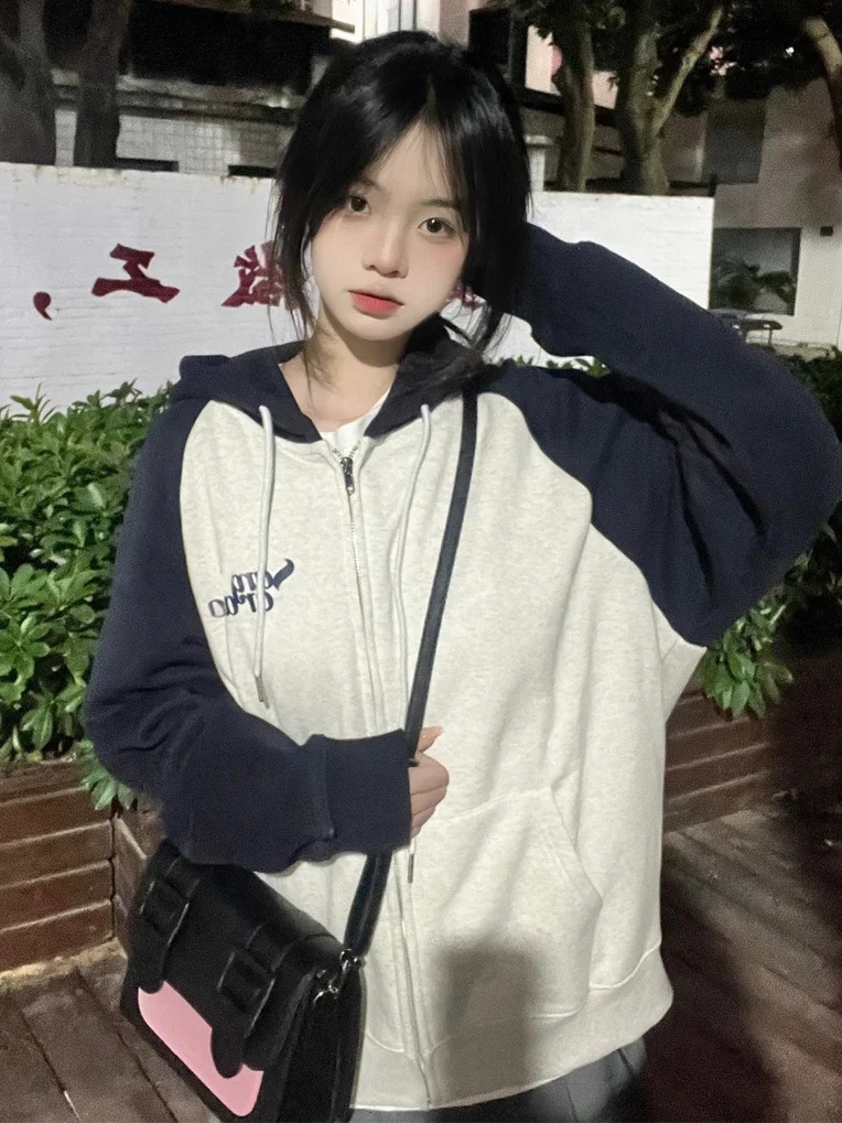 Zip Up Hoodies Women Oversized Harajuku Hooded Sweatshirt Female Autumn Korean Fashion Outwear Vintage Patchwork Coats Ladies 240812