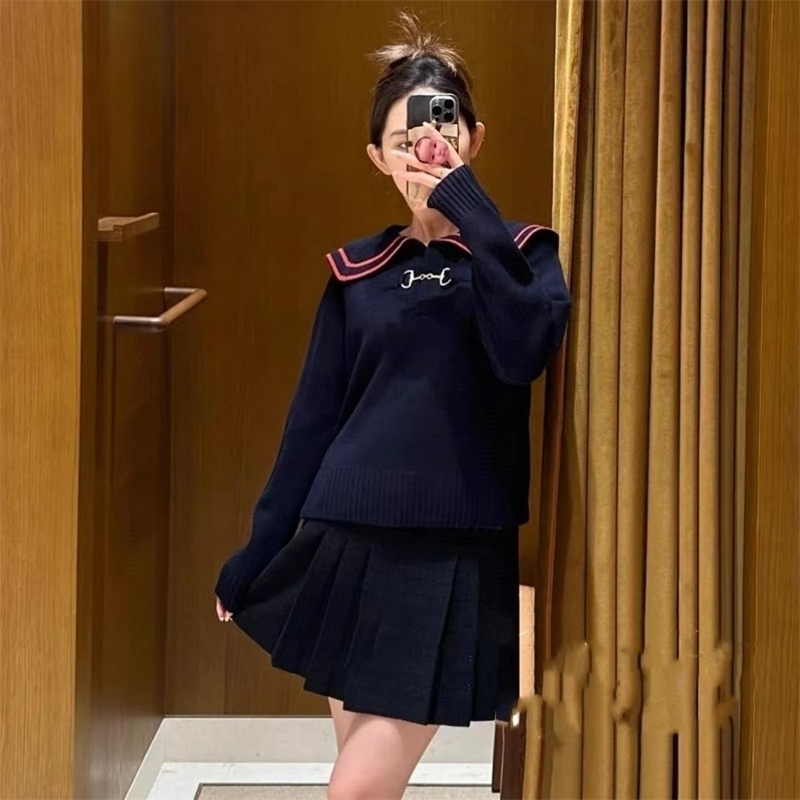 Female Long Sleeve Jumper Womens Sailor Collar Sweater with Metal Chain Autumn Winter Preppy Style 240812