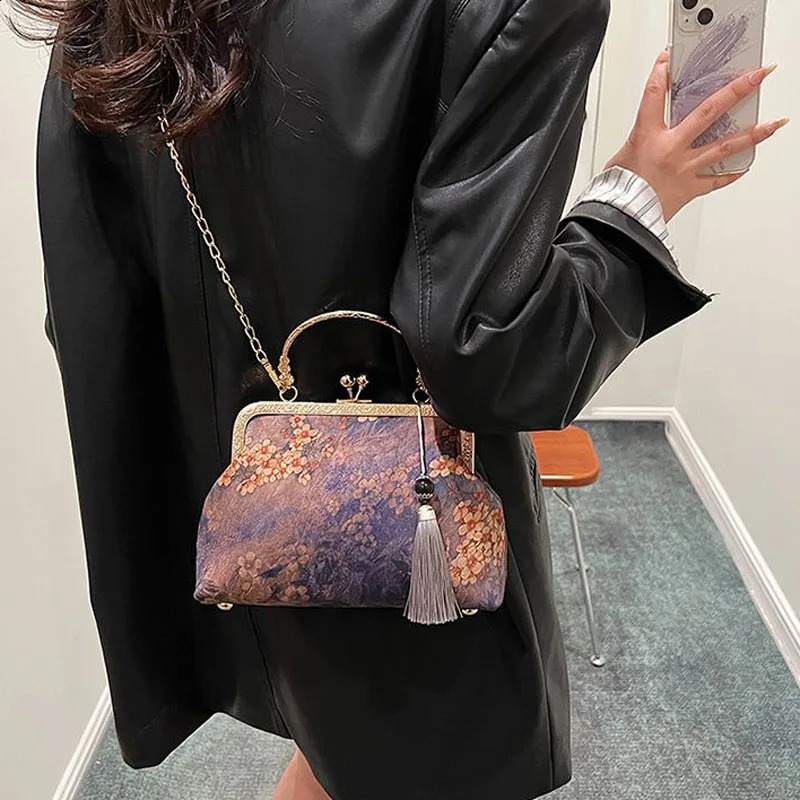 chain tassel shell lock bag fashionable flower bag mothers gift retro womens bag handbag 240812