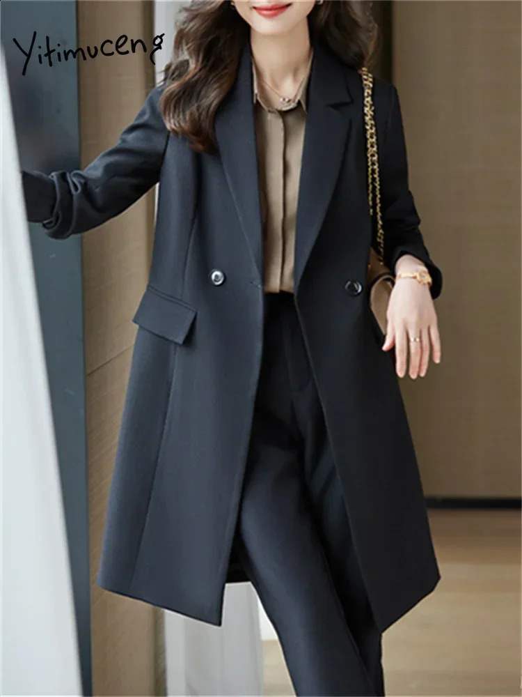 Yitimuceng Solid Two Piece Womens Set Redemption Single Chest Long Coat Office Casual Pants 240812