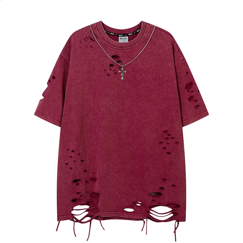 Summer Washed Destroyed Tops and T-shirts Retro Distressed Necklace T-shirt Harajuku Oversized Lazy Ripped T Shirt 240812