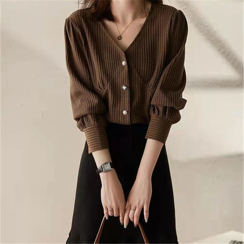Womens Elegant Fashion V-neck Chic Sweet Buttons Cardigan Coat Spring Autumn Casual Street Solid Long Sleeve Slim Tops Clothing 240812
